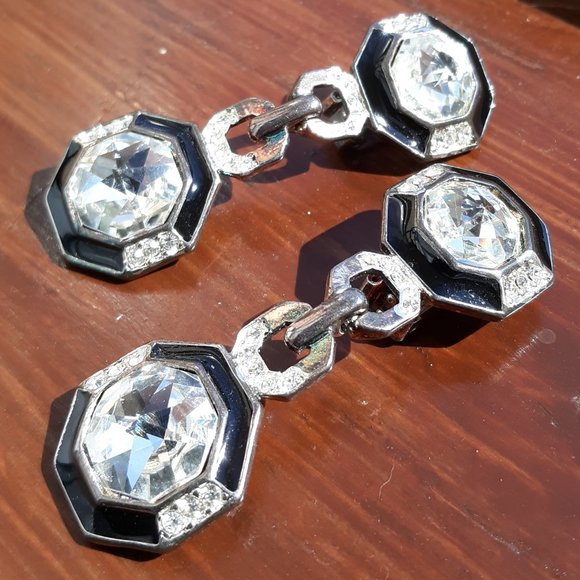 Vintage Cache Black Rhinestone Clip On Earrings - Picture 2 of 6